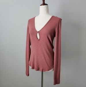 We The Free Ribbed Keyhole Neckline Long Sleeve Top, Size Large